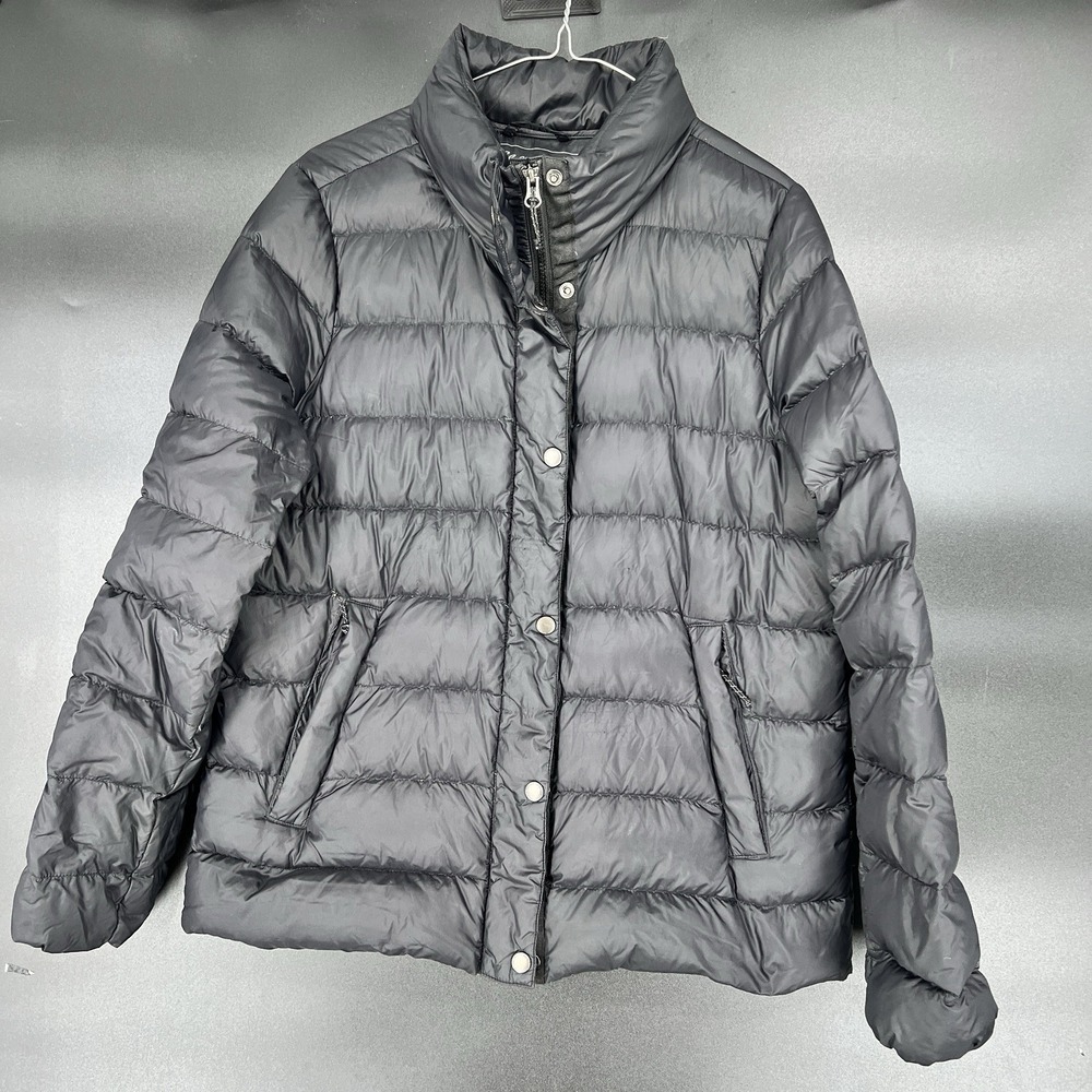Eddie Bauer Puffer Jacket Womens Size Med Black Goose Down Warm Snap Coat